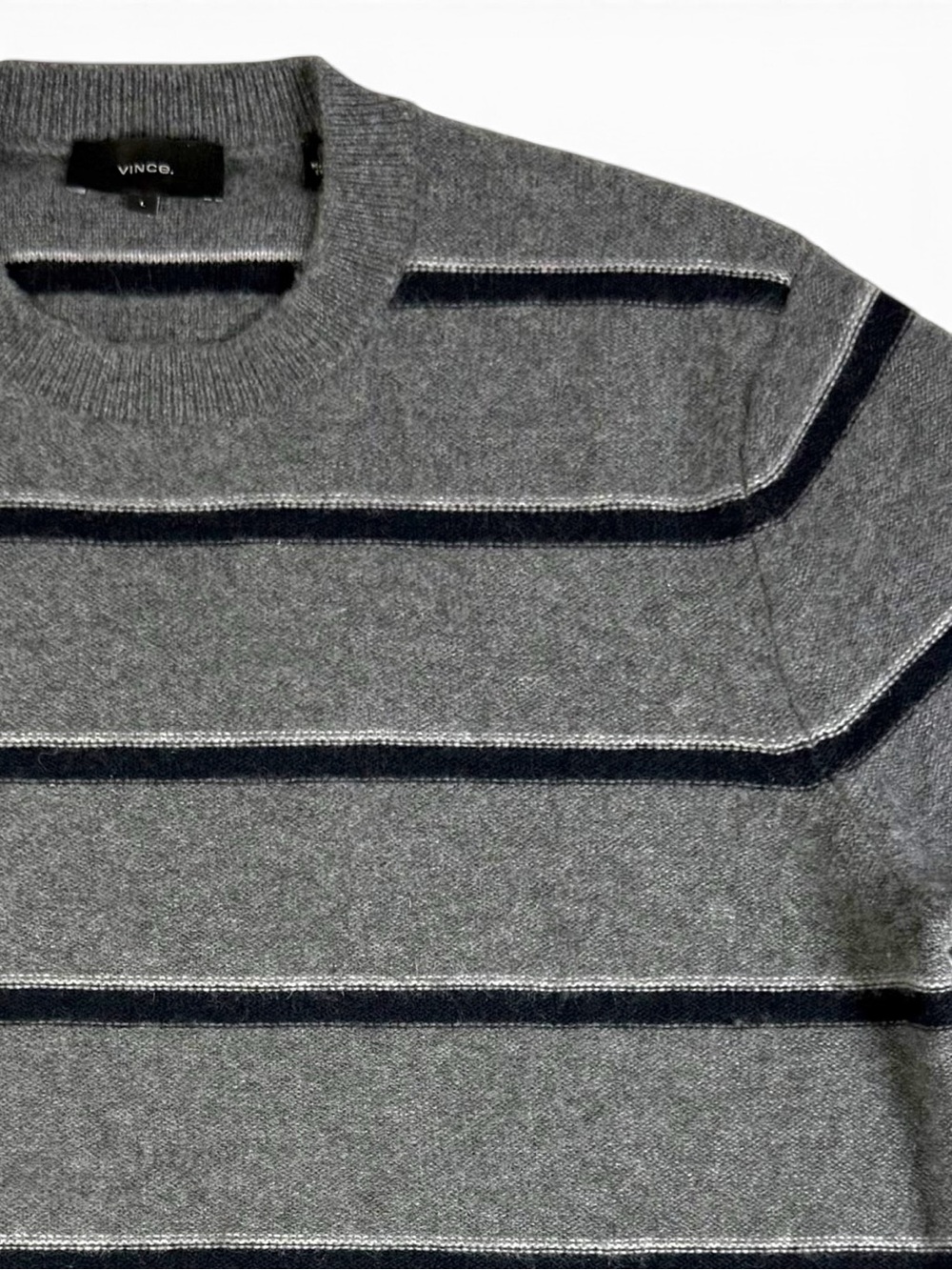 Vince Men’s 100% Cashmere Striped Crewneck Sweater Gray Navy L